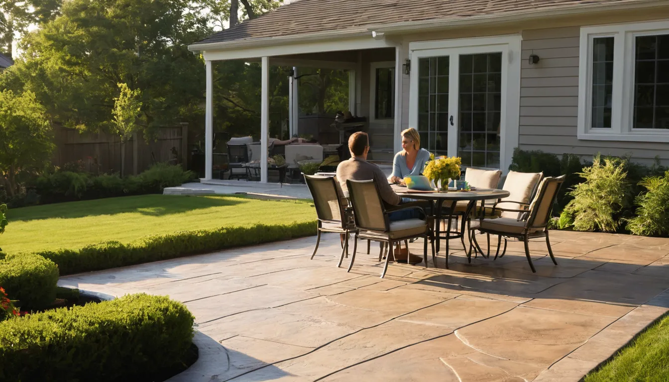 A new stamped concrete patio behind a Sayreville home with outdoor seating